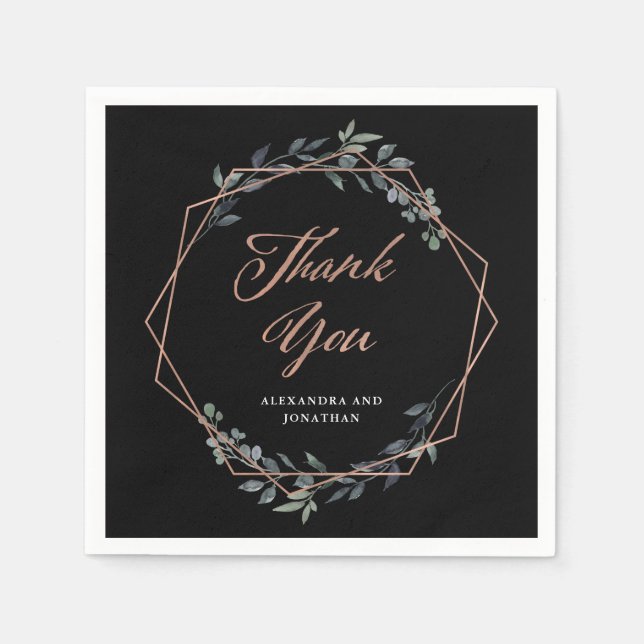 Greenery Geo Black | Rose Gold Wedding Napkins (Front)