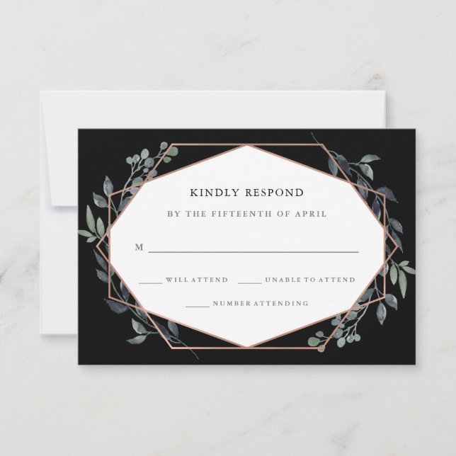 Greenery Geo Black | Rose Gold Wedding RSVP Card (Front)