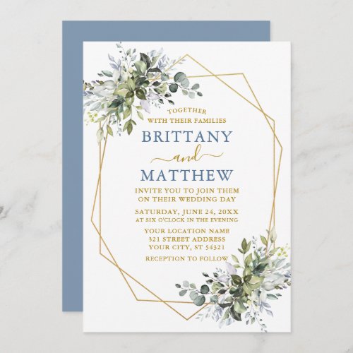 Greenery Geo Frame Wedding Dusty Blue Gold Invitation