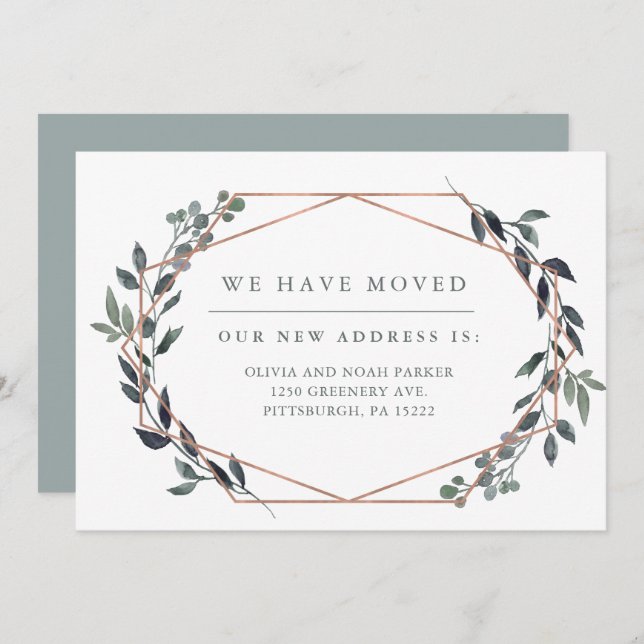 Greenery Geo | Rose Gold Change of Address Invitation (Front/Back)