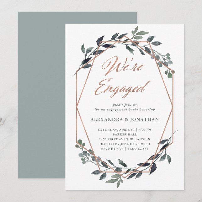 Greenery Geo | Rose Gold Engagement Party Invitation (Front/Back)