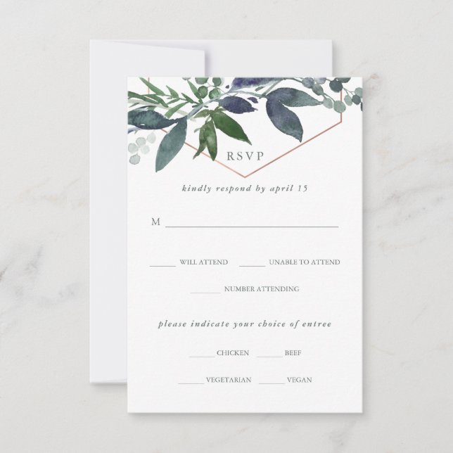Greenery Geo | Rose Gold Meal Choice Wedding RSVP Card (Front)