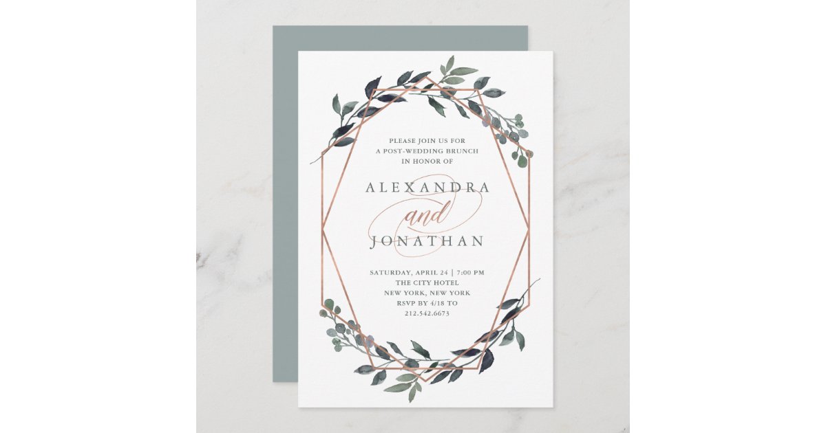 Greenery Geo Rose Gold Post Wedding Brunch Invitation Zazzle Com