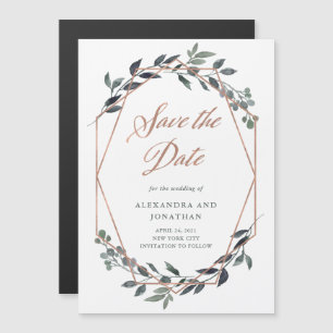 Greenery Geo Rose Gold Save the Date Magnetic Invitation