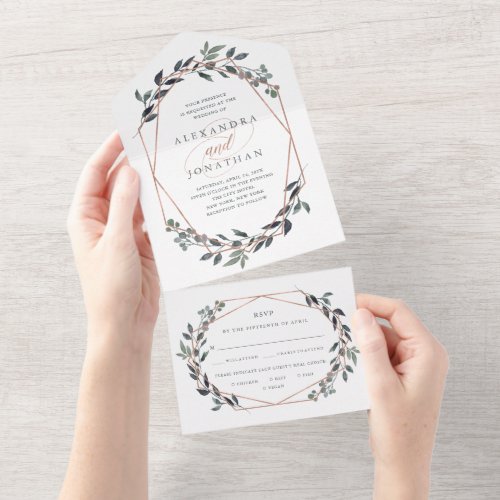 Greenery Geo  Rose Gold Wedding and Meal Choice A All In One Invitation