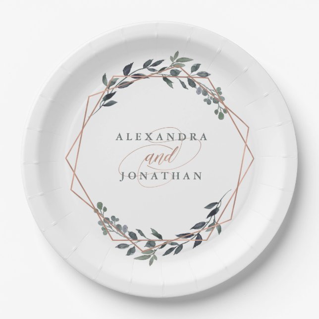 Greenery Geo | Rose Gold Wedding Paper Plates (Front)