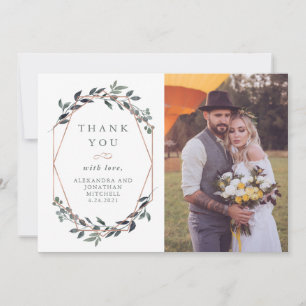 Greenery Geo   Rose Gold Wedding Photo Thank You Card