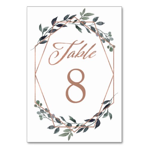 Greenery Geo  Rose Gold Wedding Table Number