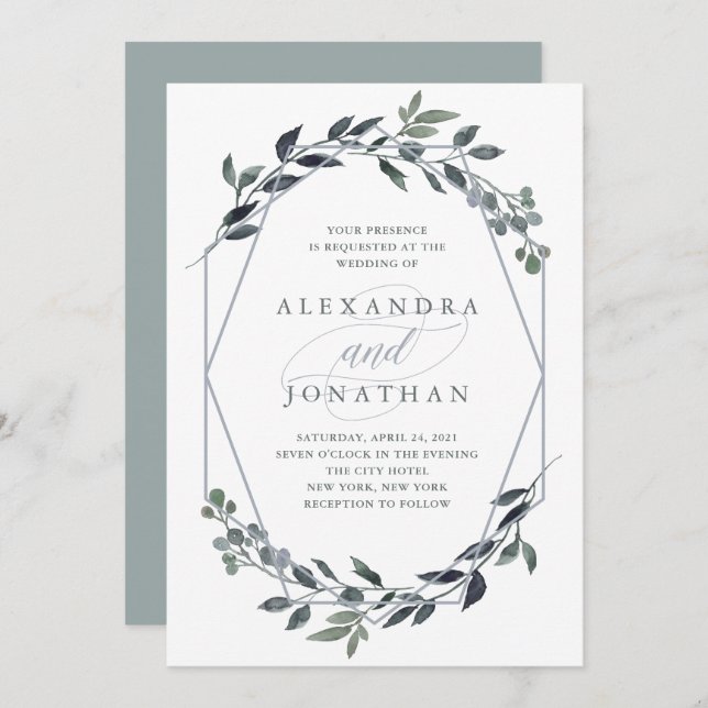 Greenery Geo | Silver Wedding Invitation (Front/Back)