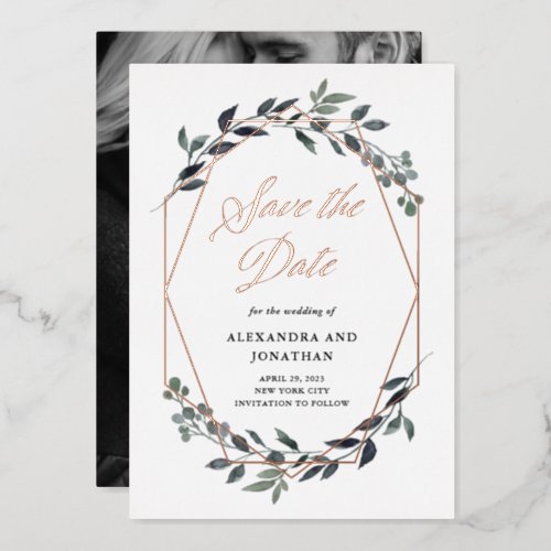 Greenery Geo White  Rose Gold Save The Date Foil Invitation