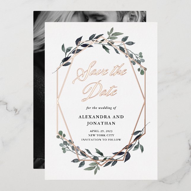 Greenery Geo White | Rose Gold Save The Date Foil Invitation (Front/Back)