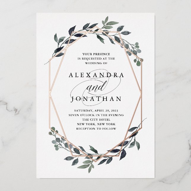 Greenery Geo White | Rose Gold Wedding Foil Invitation (Front)