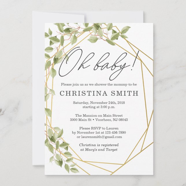 Greenery Geometric Baby Shower Invitations (Front)