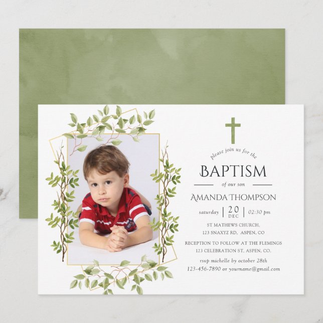 Greenery Geometric Baptism or Christening Invitation (Front/Back)