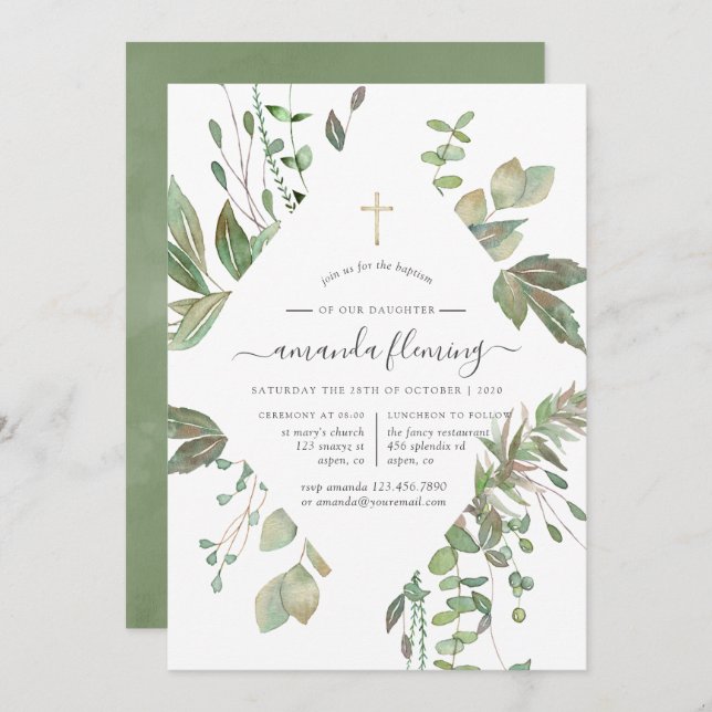 Greenery Geometric Baptism or Christening Invitation (Front/Back)