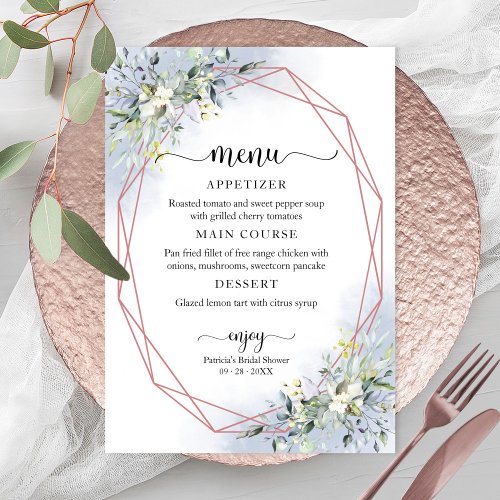 Greenery Geometric Dusty Blue Bridal Shower Menu I Invitation