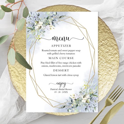 Greenery Geometric Dusty Blue Bridal Shower Menu Invitation