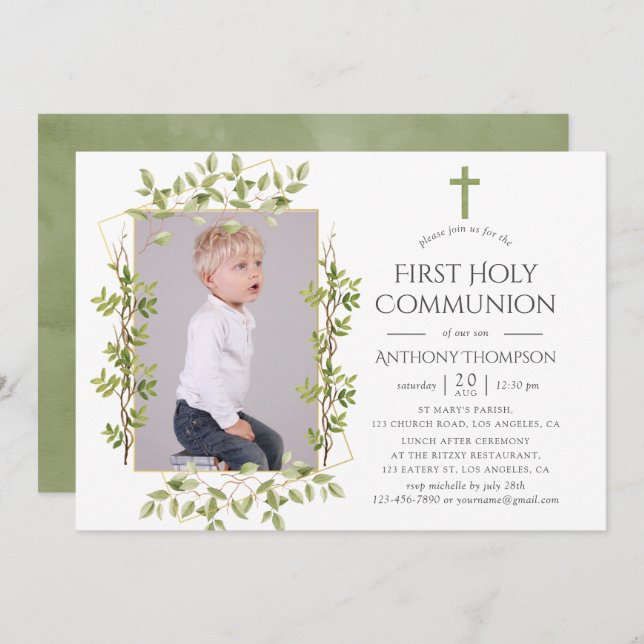 Greenery Geometric First Holy Communion Invitation (Front/Back)