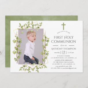 Greenery Geometric First Holy Communion Invitation