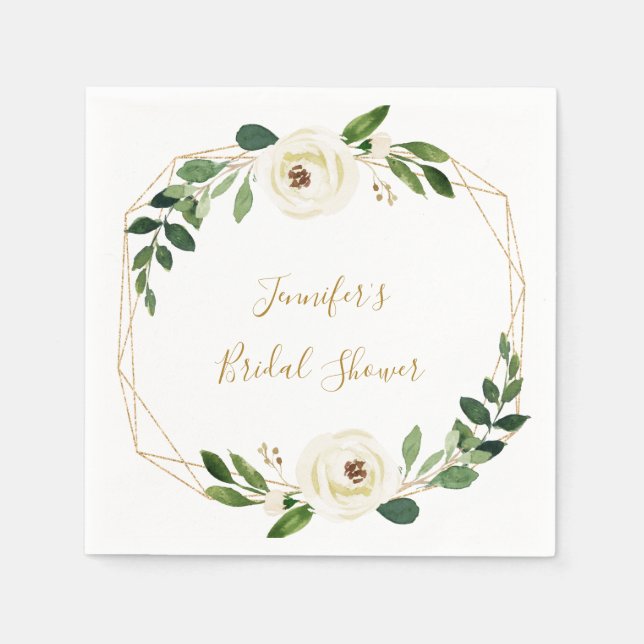 Greenery Geometric Floral Bridal Shower Napkins (Front)