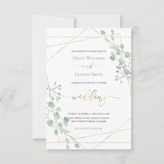 greenery geometric frame wedding invitation (Front)