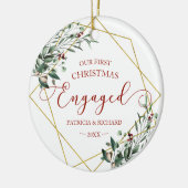 Greenery Geometric Our First Christmas Engaged Ceramic Ornament | Zazzle