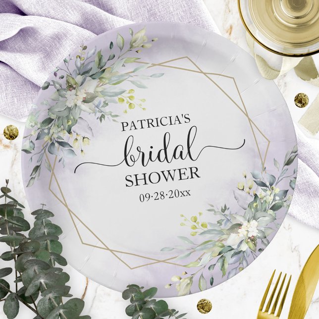Greenery Geometric Purple Lavender Bridal Shower Paper Plates (Creator Uploaded)