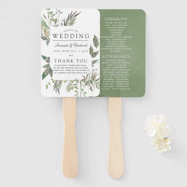 Greenery Geometric Wedding Program Hand Fan (Front and Back)