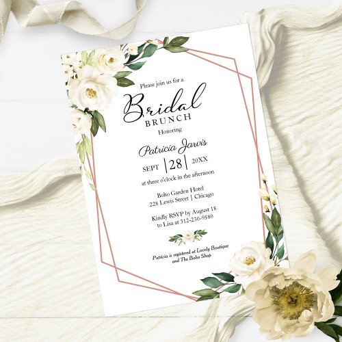 Greenery Geometric White Floral Bridal Brunch Invitation