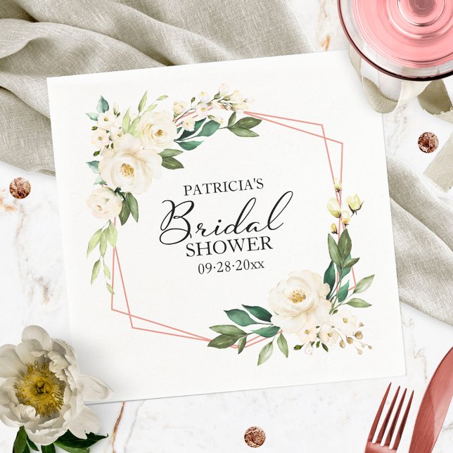 Greenery Geometric White Floral Bridal Shower Napkins (Creator Uploaded)