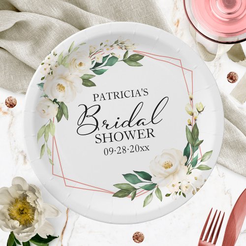 Greenery Geometric White Floral Bridal Shower Pape Paper Plates