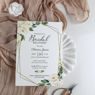 Greenery Geometric White Floral Bridal Tea Party Invitation