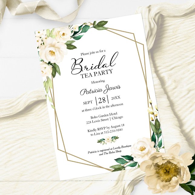 Greenery Geometric White Floral Bridal Tea Party Invitation (Creator Uploaded)