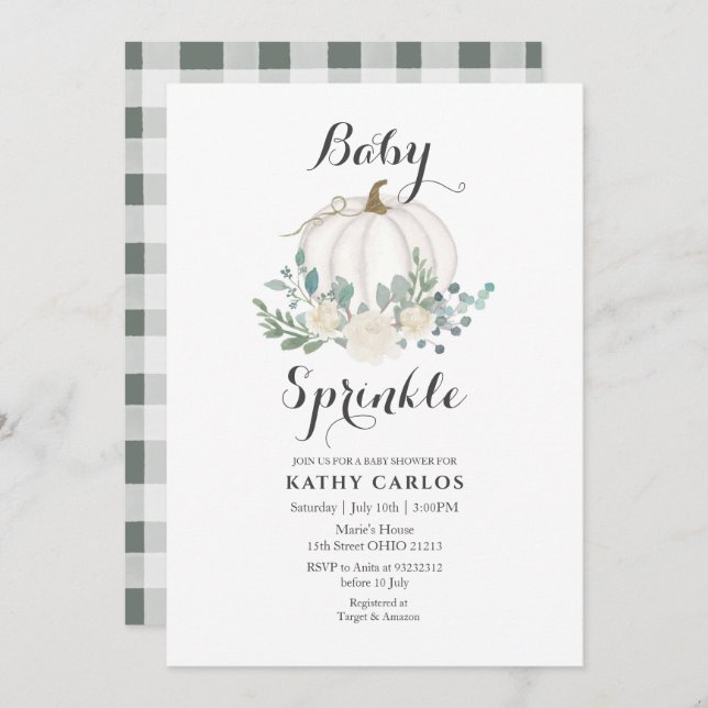 Greenery Gingham White Pumpkin Baby Sprinkle Invitation (Front/Back)