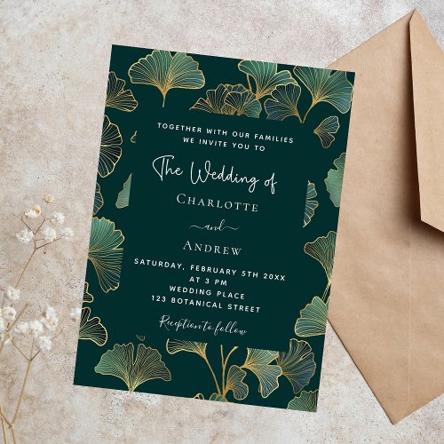 Greenery ginkgo leaf gold botanical wedding invitation postcard