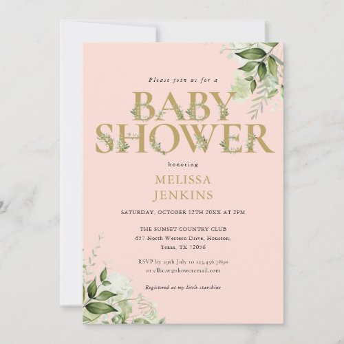 Greenery Girl Blush Pink Gold Letter Baby Shower Invitation