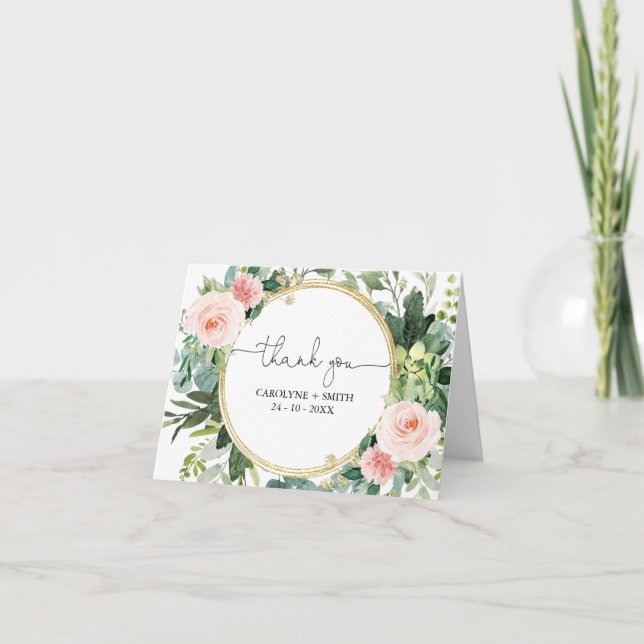 Greenery girl pink baby shower thank you card (Front)