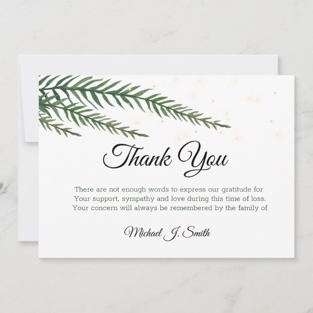 Greenery Glitter  Modern Funeral Thank You Card (Front)