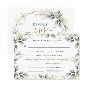 Greenery & Gold 3 Three Meal Choice Rustic Wedding RSVP Card
