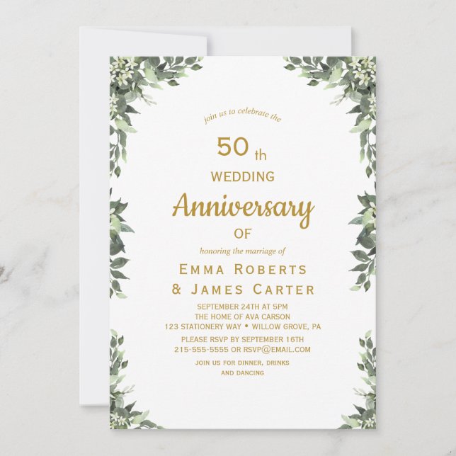 Greenery Gold 50th Anniversary Invitation (Front)
