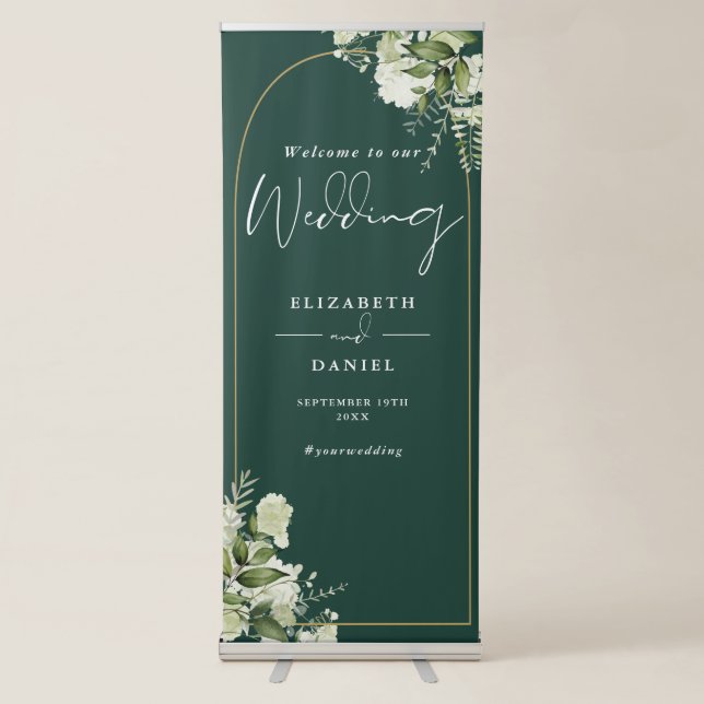 Greenery Gold Arch Emerald Green Wedding Welcome Retractable Banner (Front)