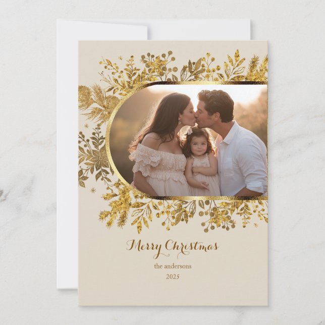 Greenery Gold Arch Modern Script Photo Christmas Holiday Card (Front)