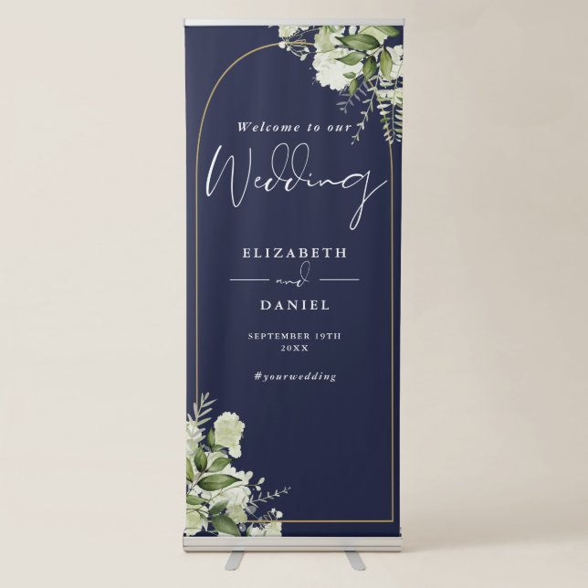 Greenery Gold Arch Navy Blue Wedding Welcome Retractable Banner (Front)