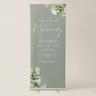 Greenery Gold Arch Sage Green Wedding Welcome Retractable Banner