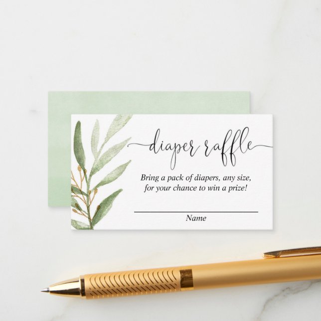 greenery gold baby shower diaper raffle cards (Front/Back In Situ)
