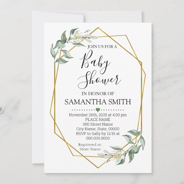 Greenery gold Baby shower Minimalist mom to be Invitation (Front)