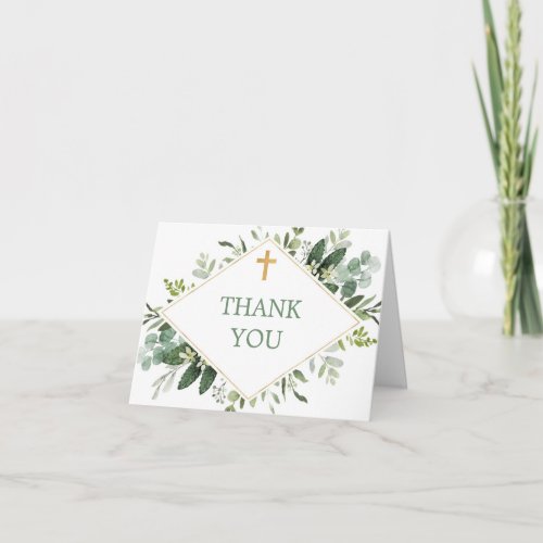 Greenery gold baptism first communion cross thank you card