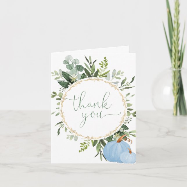 Greenery gold blue fall pumpkins thank you card (Front)