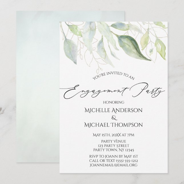 Greenery Gold Botanical Leaves Engagement Party Invitation (Front/Back)
