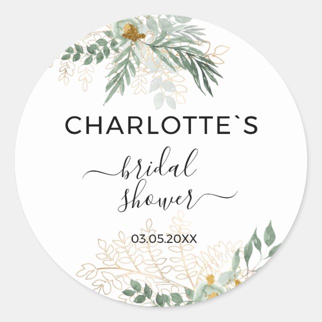 Greenery Gold Bridal Shower Classic Round Sticker (Front)